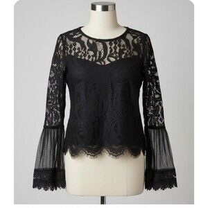 Boho Black Lace Bell Sleeve Blouse Floral Ruffle Accents Button Round Neck